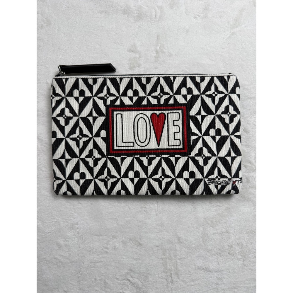 Brighton Love Black White Geometric‎ Heart Print Canvas Zipper Pouch Clutch Bag